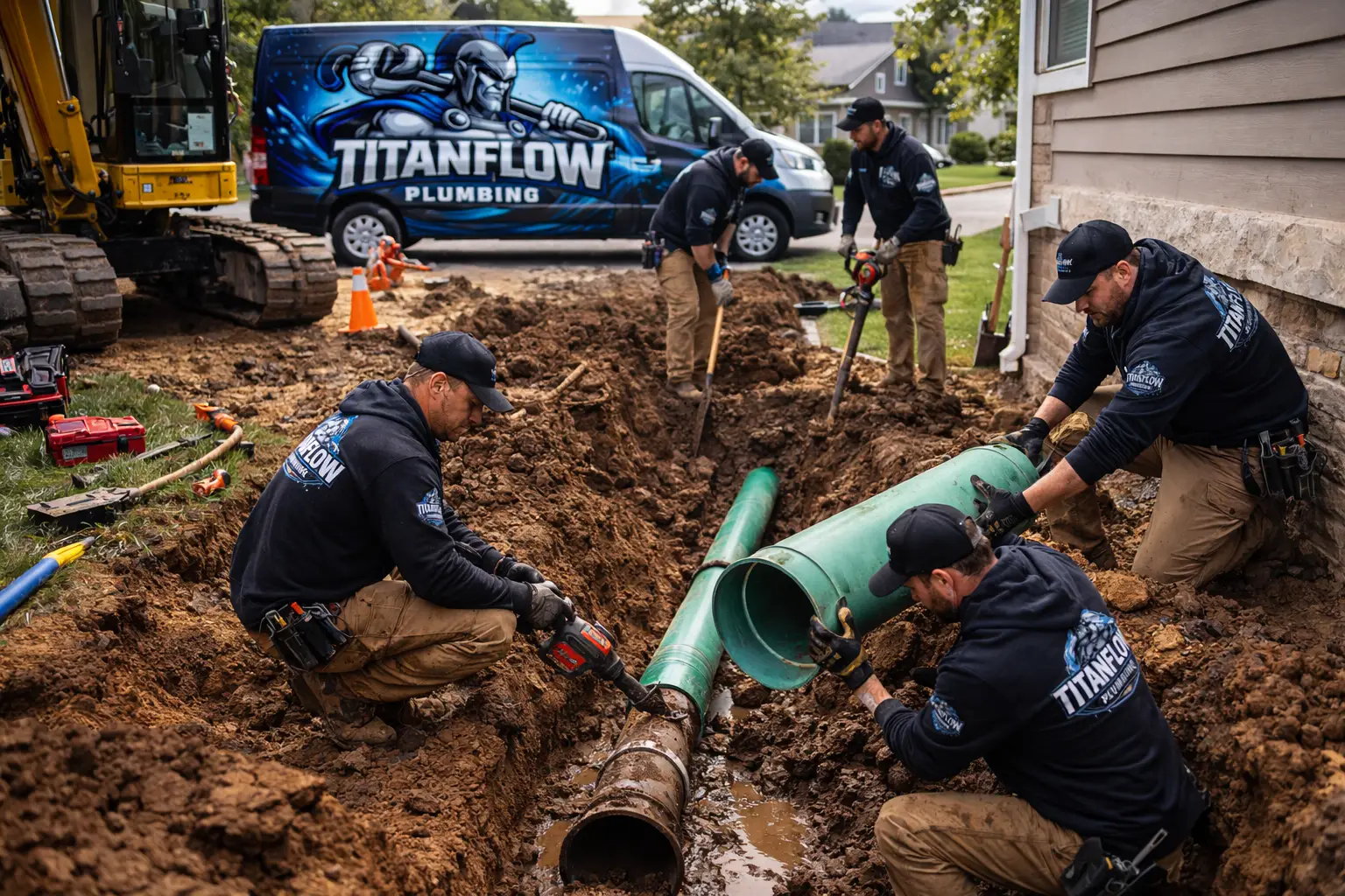 TitanFlow Plumbing Team at a job site working - sewerline